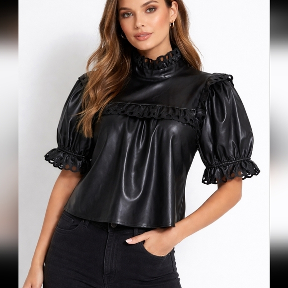 Stellah Tops - Stellah Faux Leather Eyelet Trim Black Blouse Top Size Med Edgy Whimsigoth